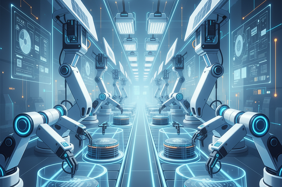 An illustration of an advanced, vertically integrated solar light manufacturing process.