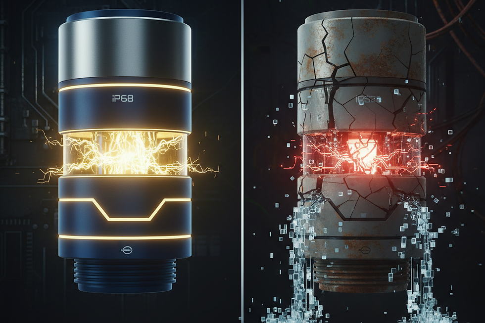 Visualizing the long-term cost: premium IP68-rated connectors versus standard options prone to water ingress and failure.