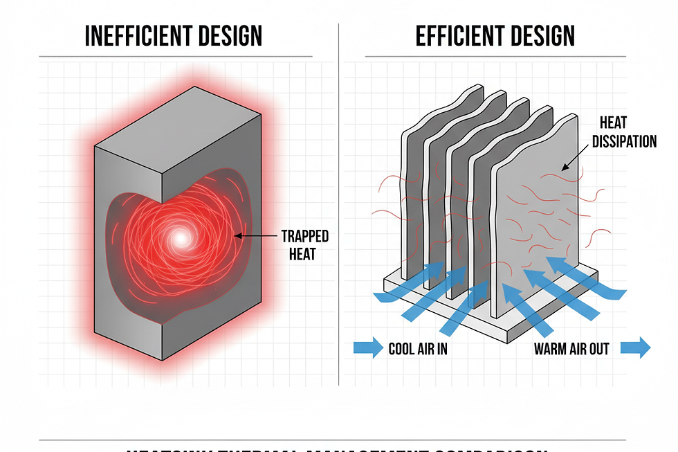 Illustration comparing an inefficient solid heatsink with a well-designed finned heatsink.