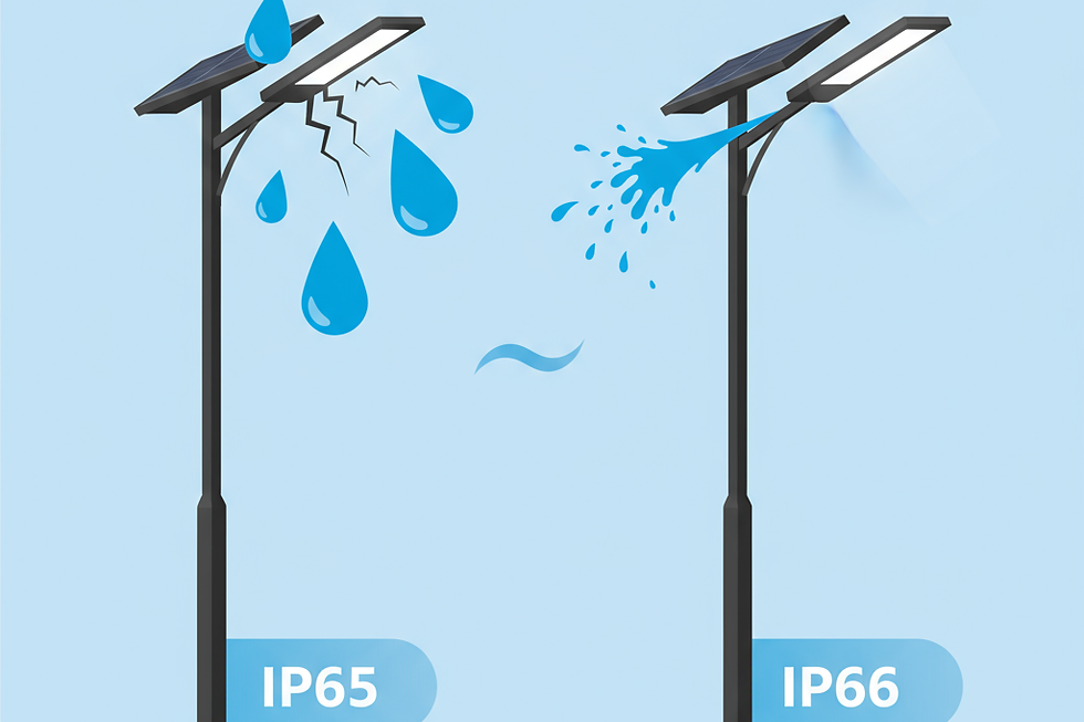 Visual comparison of IP65 versus IP66 water protection.