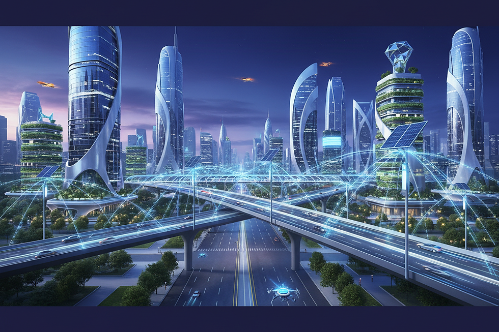 Solar street lights forming a smart city IoT network in a modernizing urban area.