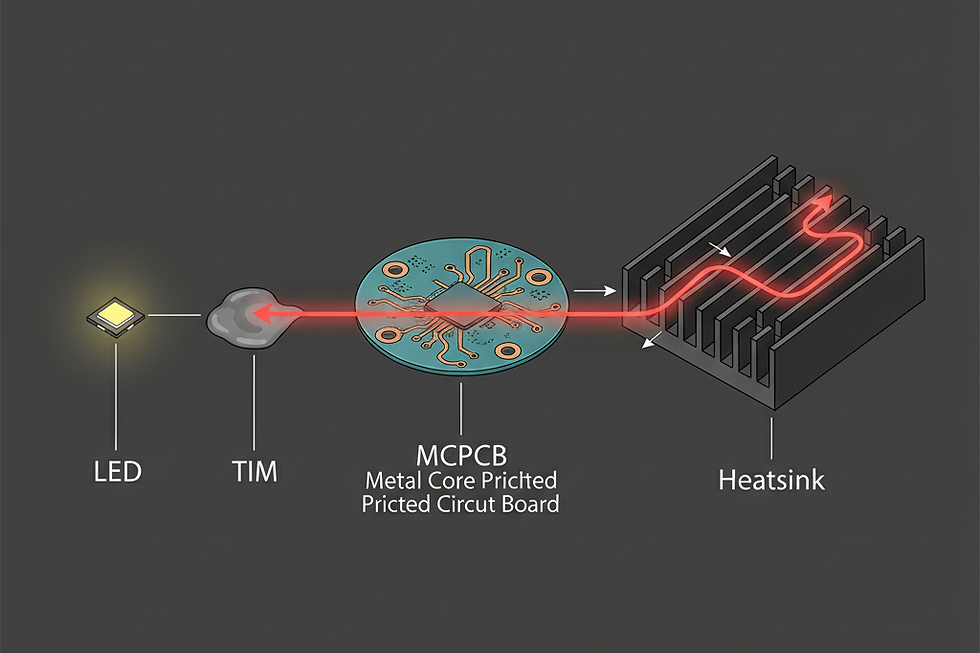 A cross-section view highlighting the critical thermal pathway in an LED fixture.