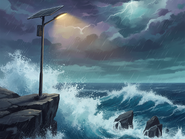 A resilient solar street light braving a fierce coastal storm.