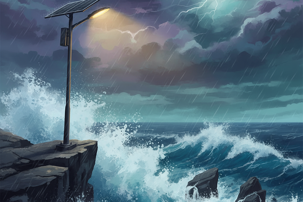 A resilient solar street light braving a fierce coastal storm.