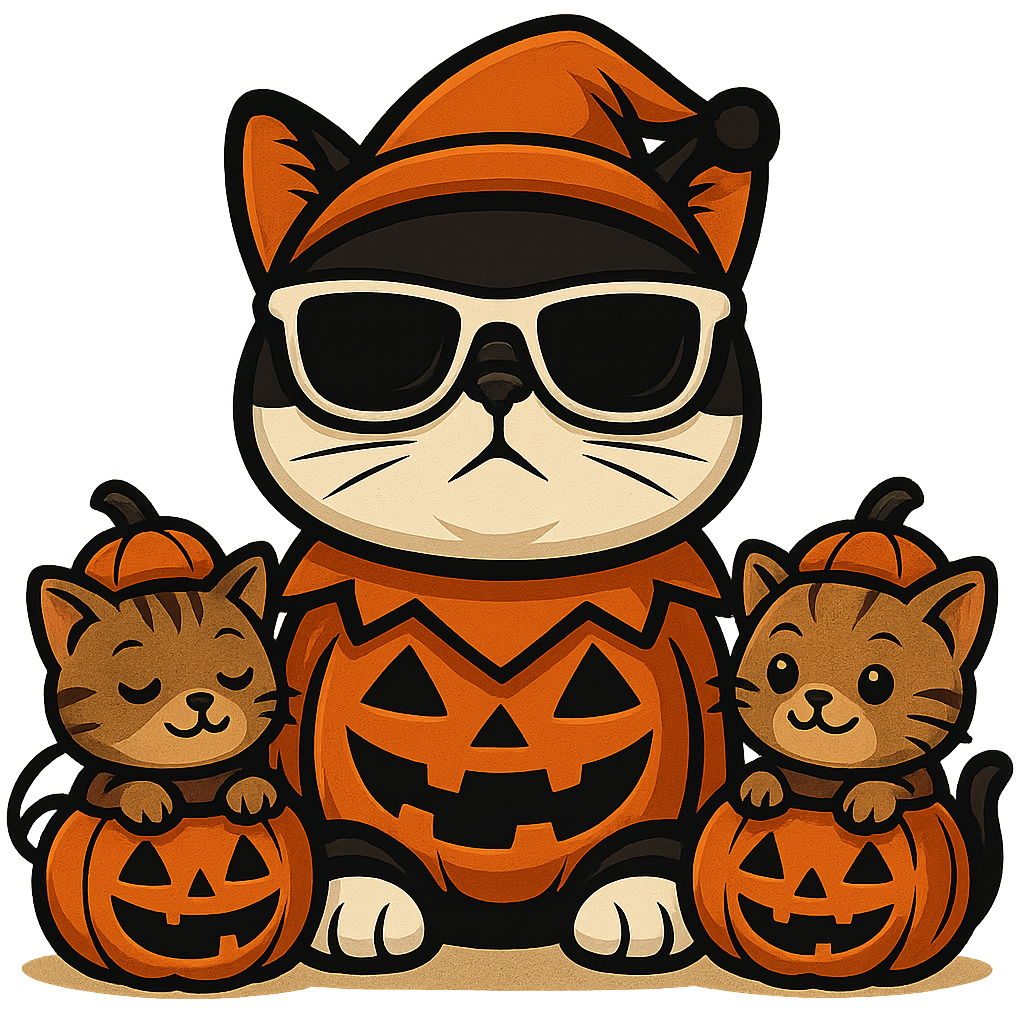 Holiday Flatcat Exotics logo shown with one cool adult cat and two kittens with thier heads sticking out of a pumpkin, very cute Halloween logo