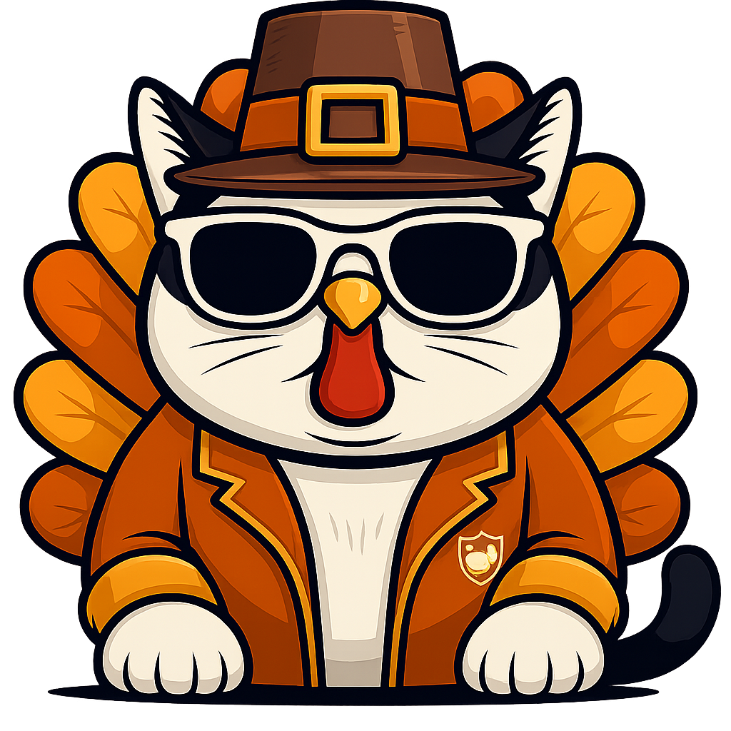 Thanksgiving Holiday Flatcat Exotics logo with our popular black and white exotic shorthair cat dressed up as a turkey.