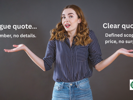 Woman shrugs, wearing a striped shirt. Text contrasts "Vague quote" vs. "Clear quote." Gray background, logos, and checkmark add emphasis.