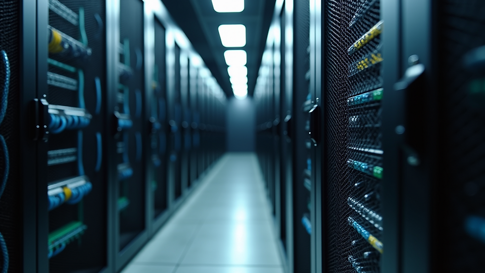 Eye-level view of a network server room with organized cables and equipment