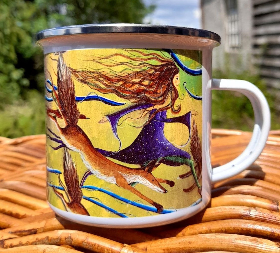 'Menagerie Mayhem!' Girl running with Foxes 10oz Enamel Mug