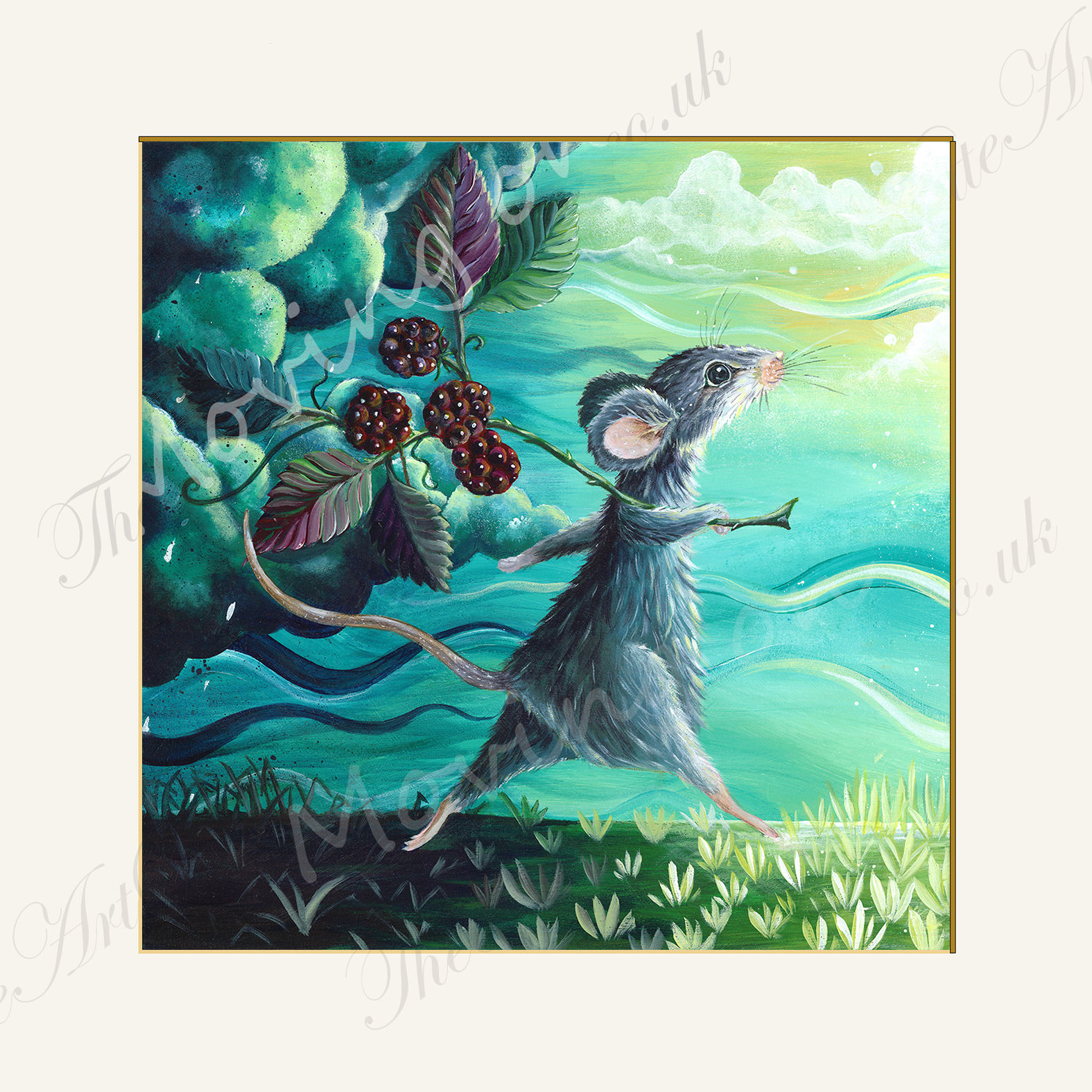 'Moving On...' Mouse and blackberries signed and mounted Giclée print