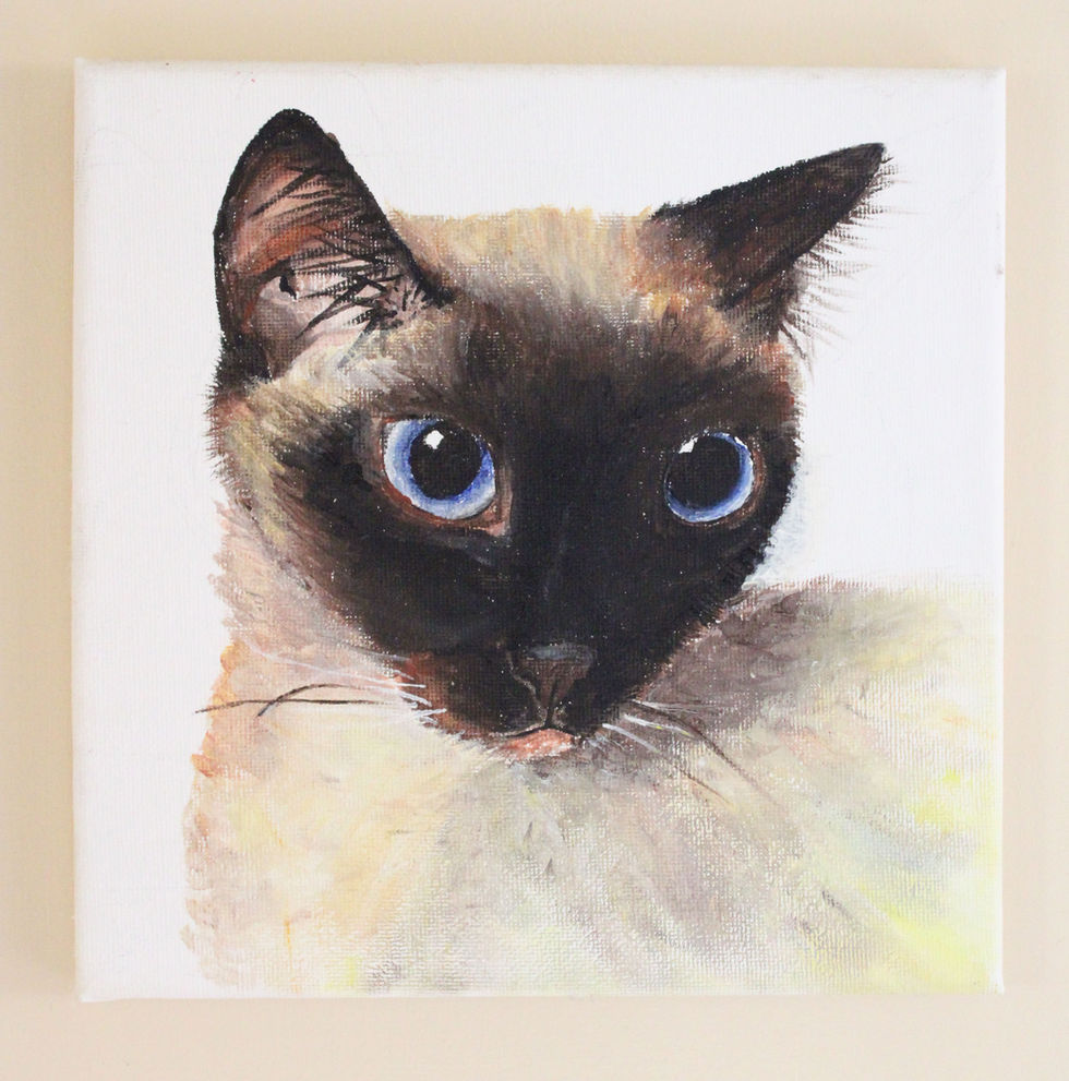 This portrait draws you in with quiet elegance. The Siamese cat’s face fills the canvas, its icy blue eyes so vivid they feel like little pools of glass. There’s a velvety softness to the fur—creamy beige fading into a smokey mask around the muzzle and ears, characteristic of the breed’s allure. The lack of background detail makes the gaze even more arresting, like the cat is studying the viewer just as intently. There’s a peaceful stillness here, almost regal, yet warm—like the subject is both a mystery and a muse.