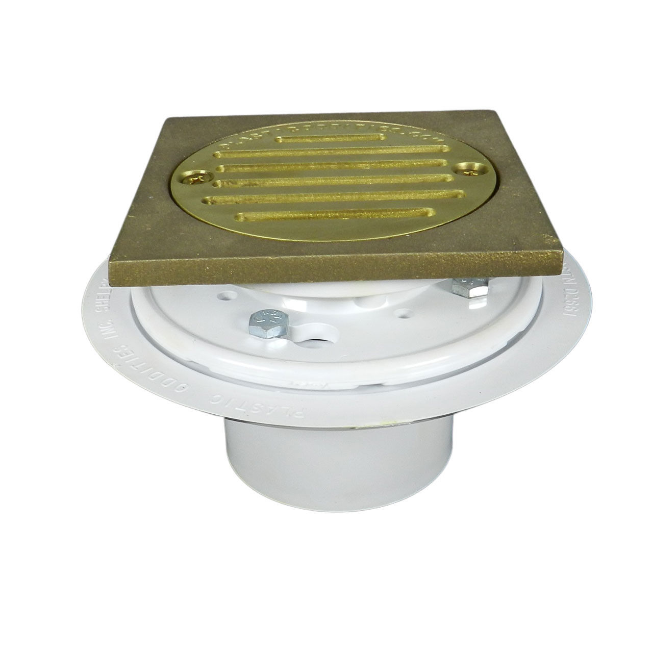 No-Caulk Low Profile Bolt-Down Drain with Square Ring with Cast Brass Finish Str
