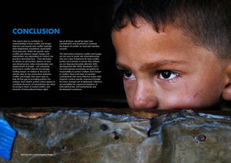 Double page spread showing the conclusion page of Action Against Hunger's Report on Conflict and Hunger