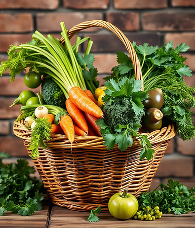 Create a woven basket (no handle on top) full of fresh produce, including green vegetables