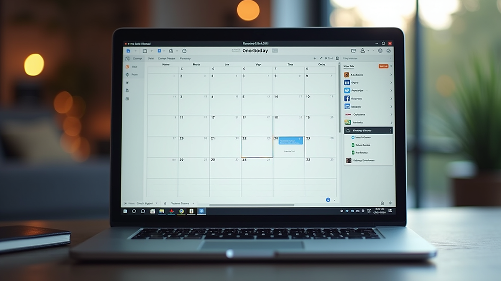 Eye-level view of a laptop screen showing a social media content calendar