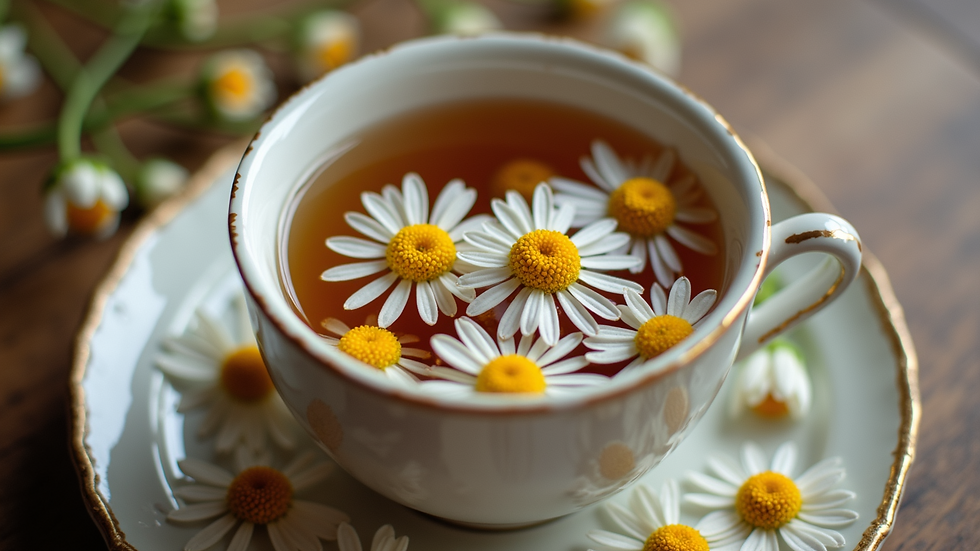 High angle view of chamomile tea with flowers
