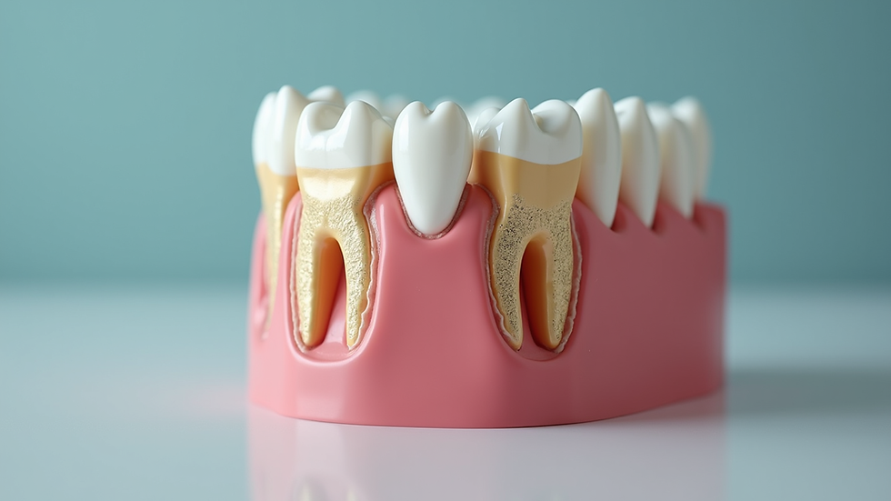 Eye-level view of a dental model showing tooth layers and decay progression