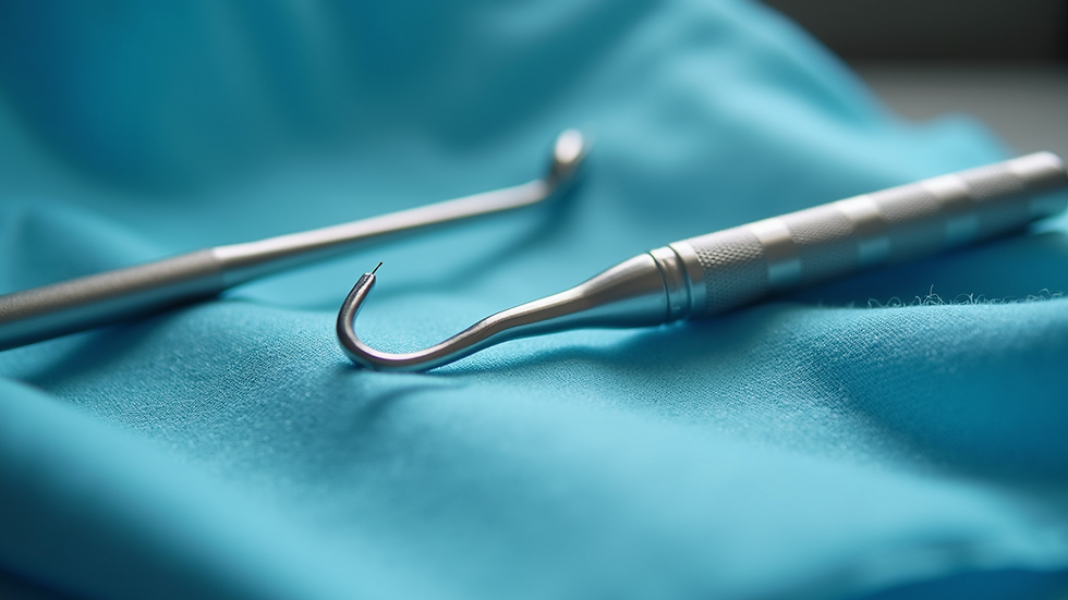 Close-up view of a dental examination tool on a blue cloth