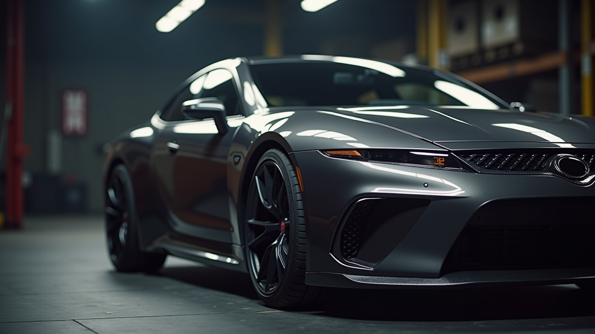 Dark Grey detailed and polished sports car with black rims