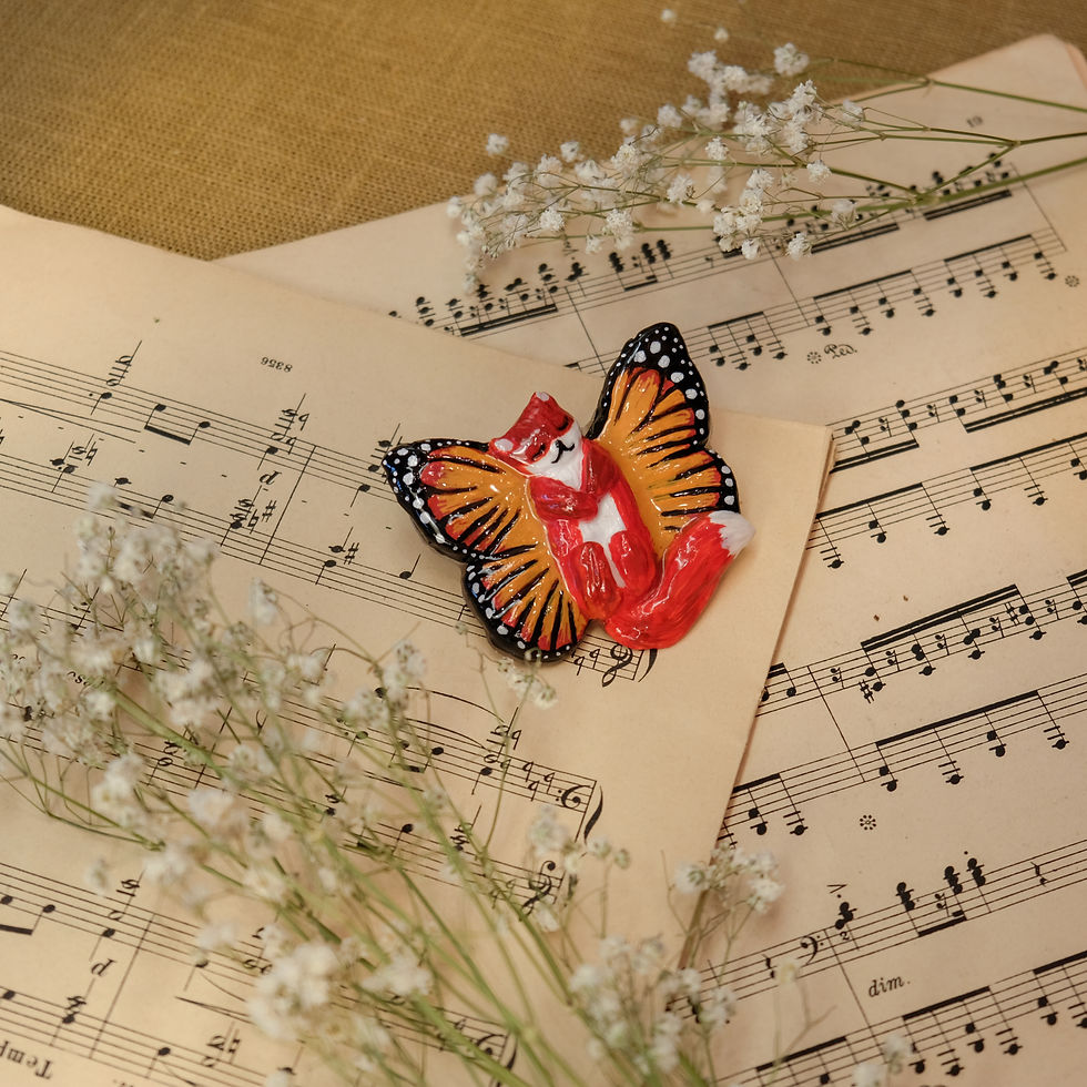Thumbnail: Yellow Butterfly Wings and Sleepy Fox 3D Handmade Pin