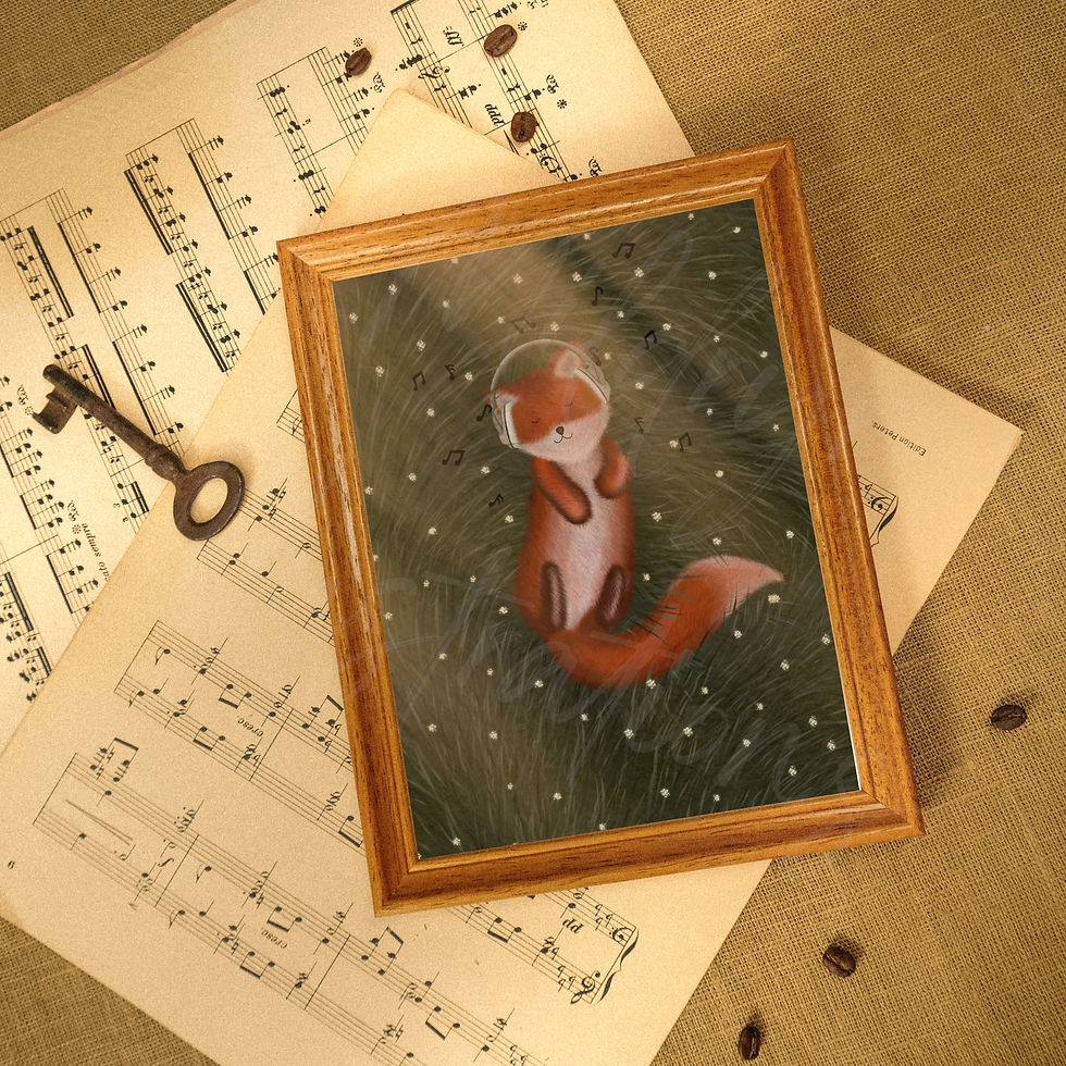 Thumbnail: Art Print of Fox Sleeping in Grass with Musical Notes