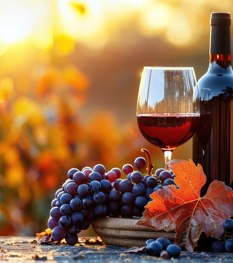 Bottle and glass of red wine are standing on a table with grapes in a vineyard during suns