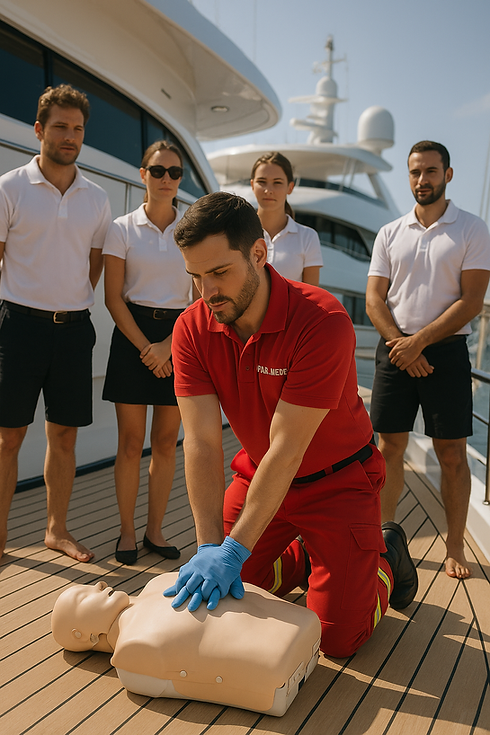 Instructor conducts CPR training on a yacht