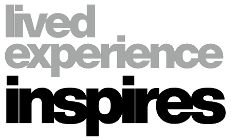 Lived experience inspires text logo, white and dark grey colors.