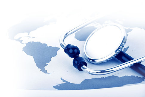 Stethoscope on world map: global healthcare