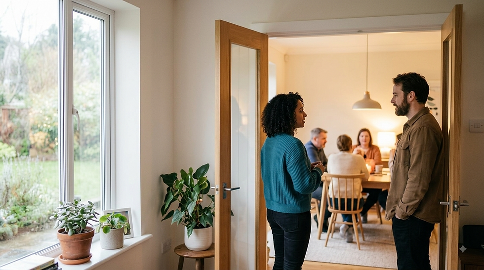 People standing in a room, talking