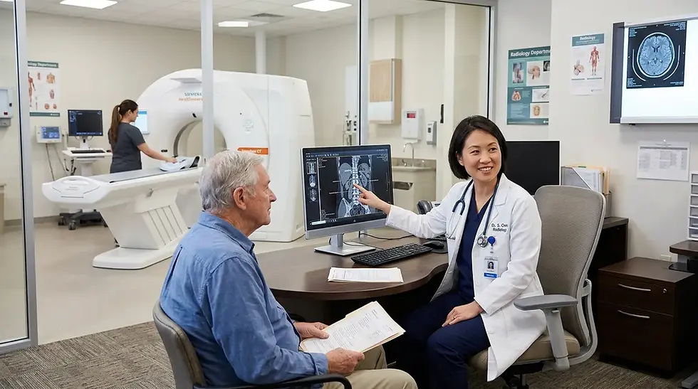 Médecin consultant un patient dans une clinique de radiologie moderne, appareils d’imagerie à proximité.