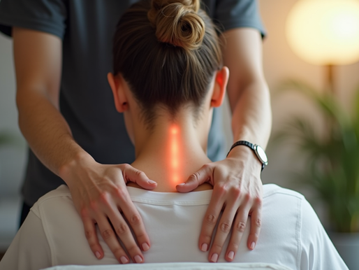 Eye-level view of a person receiving a neck and shoulder massage in a calm setting