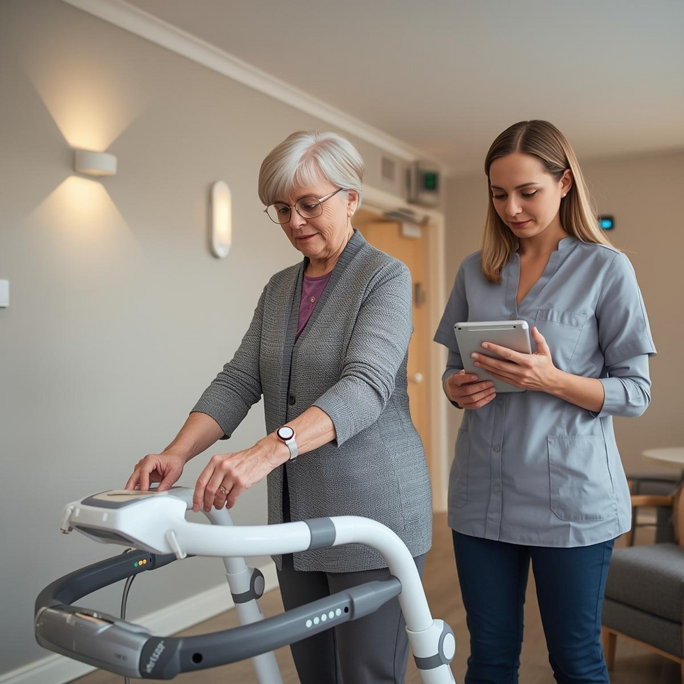 Elderly woman using a treadmill with assistance from a woman holding a tablet. Neutral-toned room with subtle lighting, both appear focused.