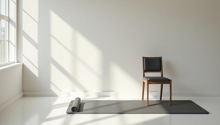 High angle view of a clear, well-lit room with exercise mat and sturdy chair for balance support
