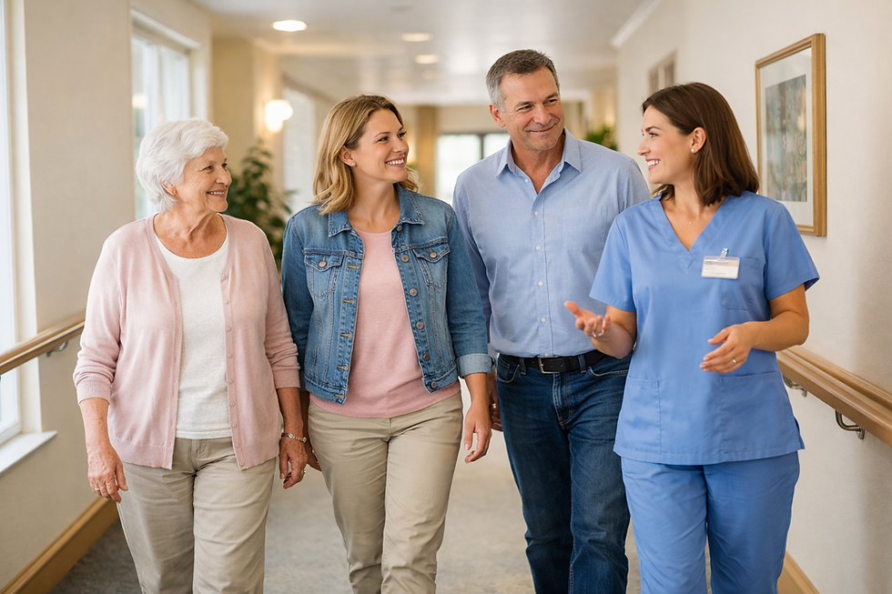 Four people walking in a hallway, including one in blue scrubs. They appear engaged and smiling. Bright setting with framed art.