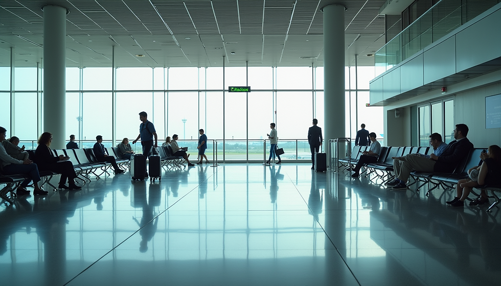 People seated and walking with luggage in a spacious, modern airport terminal. Sunlit glass windows and reflective floor create a calm atmosphere.