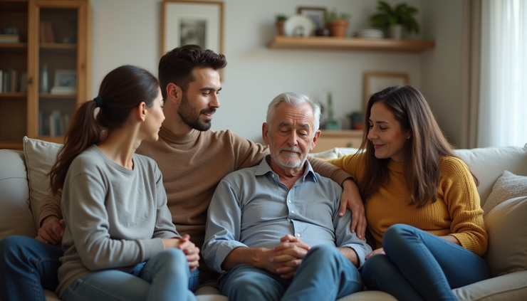 Eye-level view of a family gathered around a living room, showing concern and support