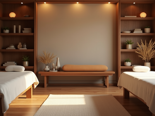 Eye-level view of a traditional Chinese medicine massage room with wooden tables and herbal decorations