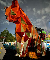 Geometric pink cat sculpture outdoor installation by Sculptura Malaysia