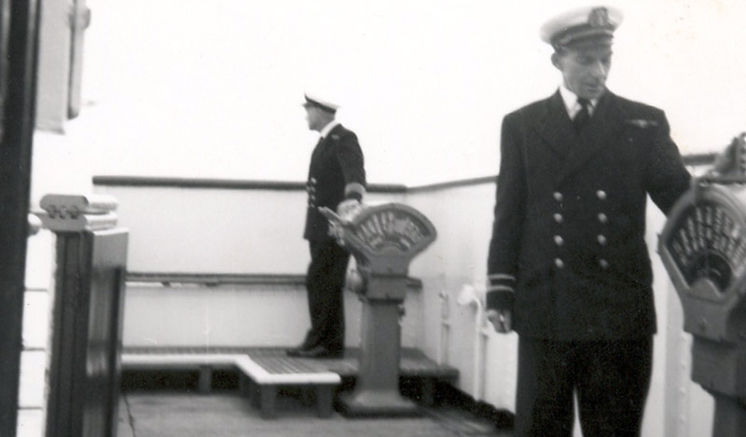 Capt Alex Robertson and 2nd Officer Idwal Pritchard on the Hibernia's telegraphs. Photo: Capt Glynne Pritchard Collection.