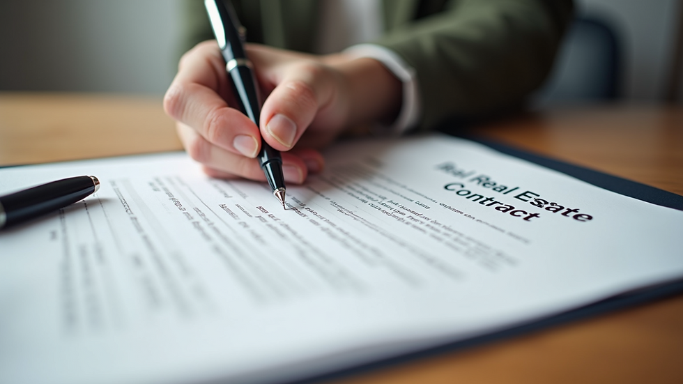 Close-up view of a real estate contract and pen on a wooden table