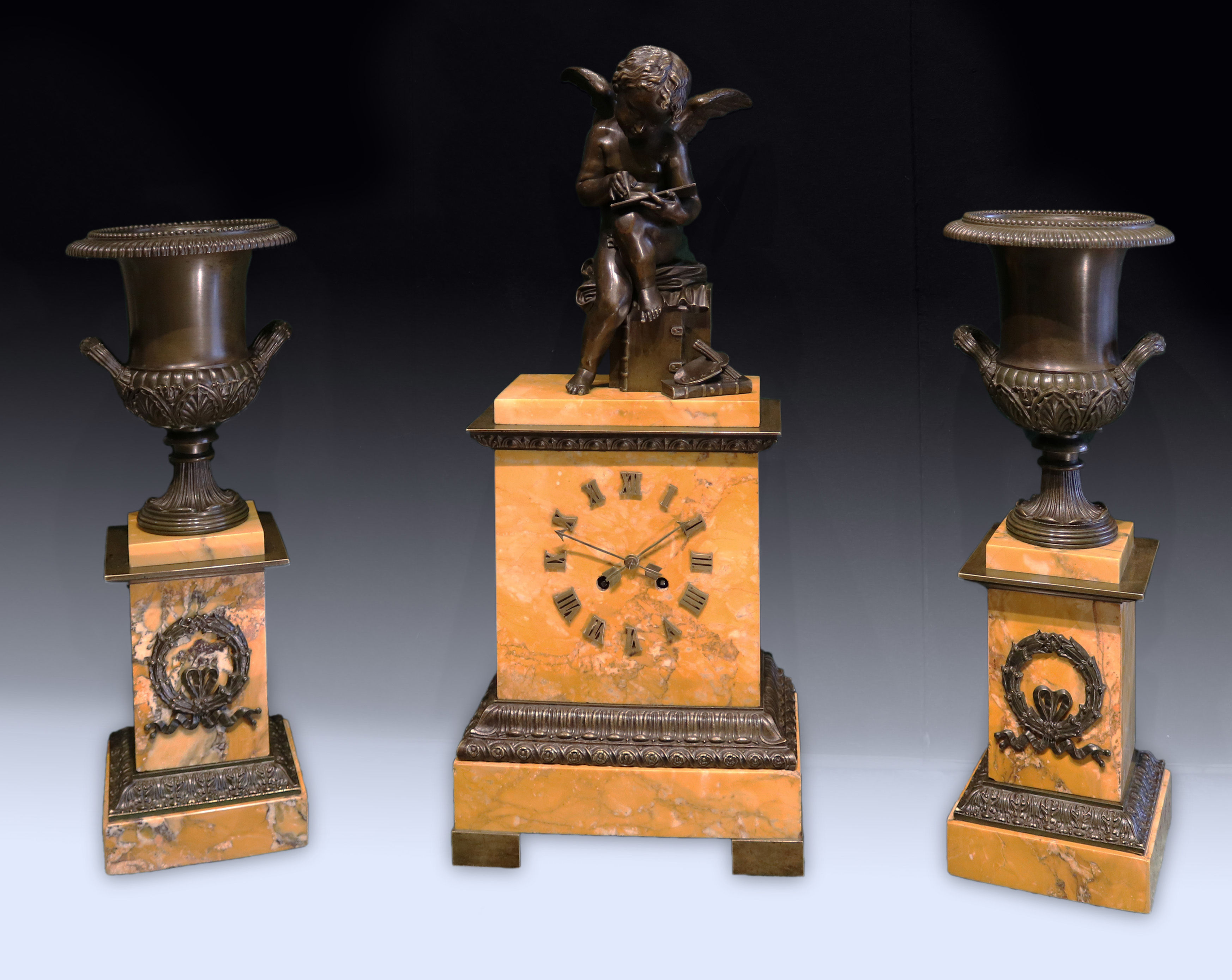 Antique early 19th century Clock Garniture in Sienna marble and bronze