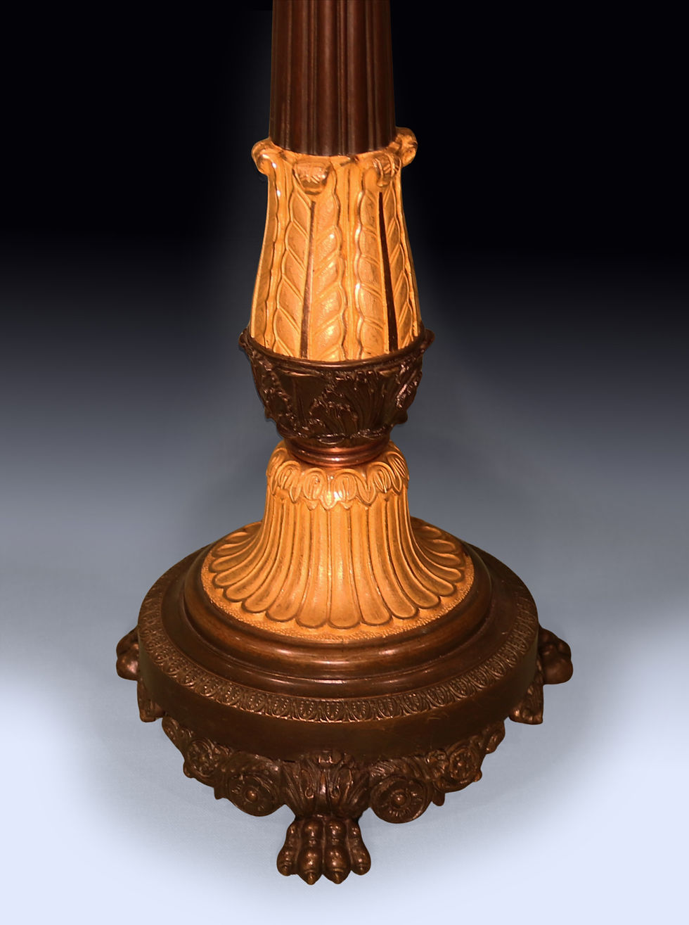 Thumbnail: Antique Regency period pair of bronze and ormolu four light candelabra
