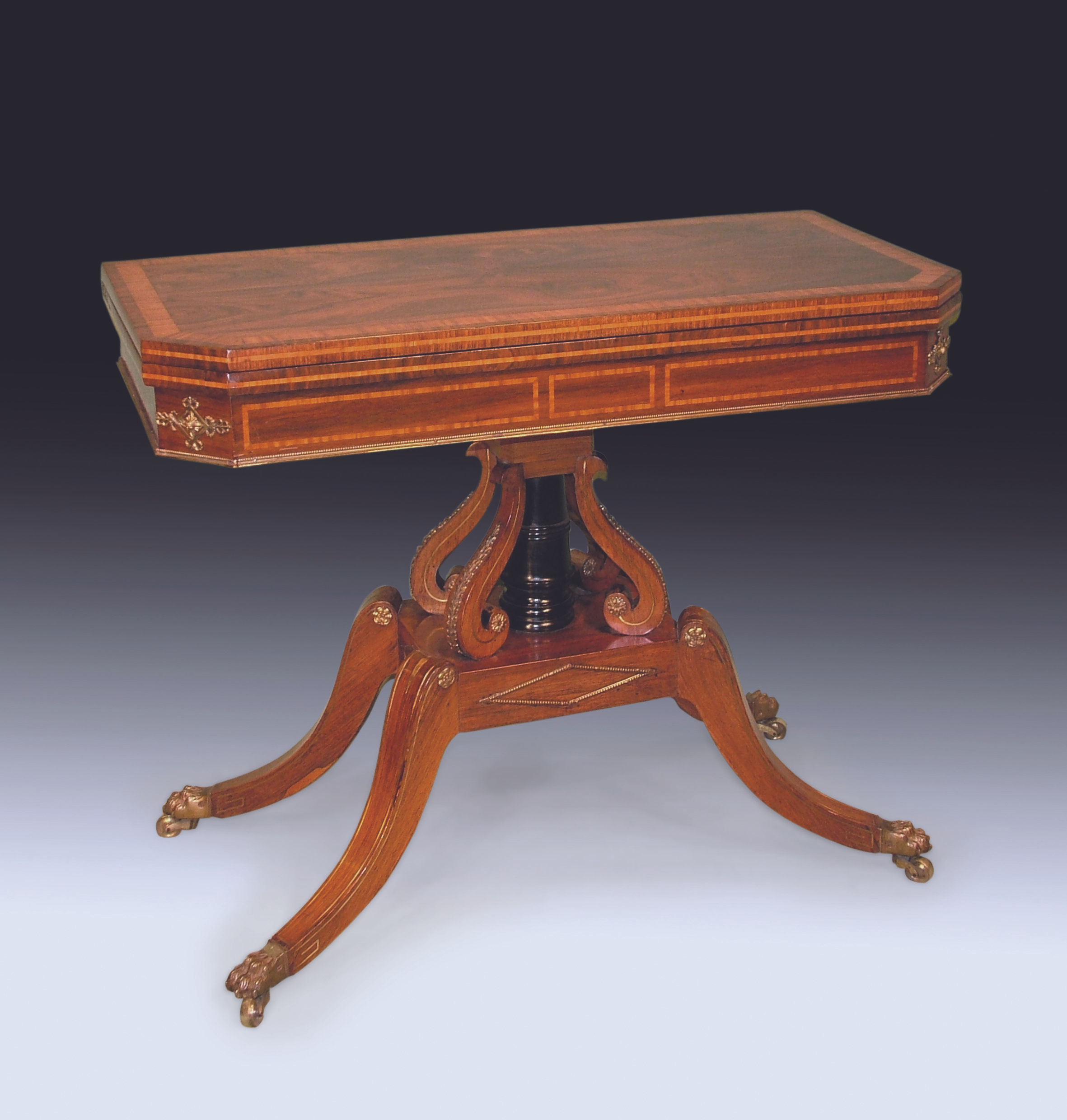 Regency period Rosewood and Satinwood Card Table on scroll pedestal base
