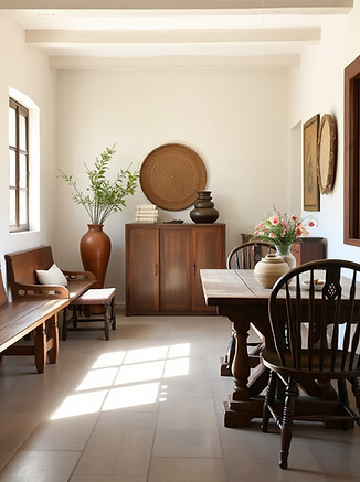 A bright, rustic interior with vintage w