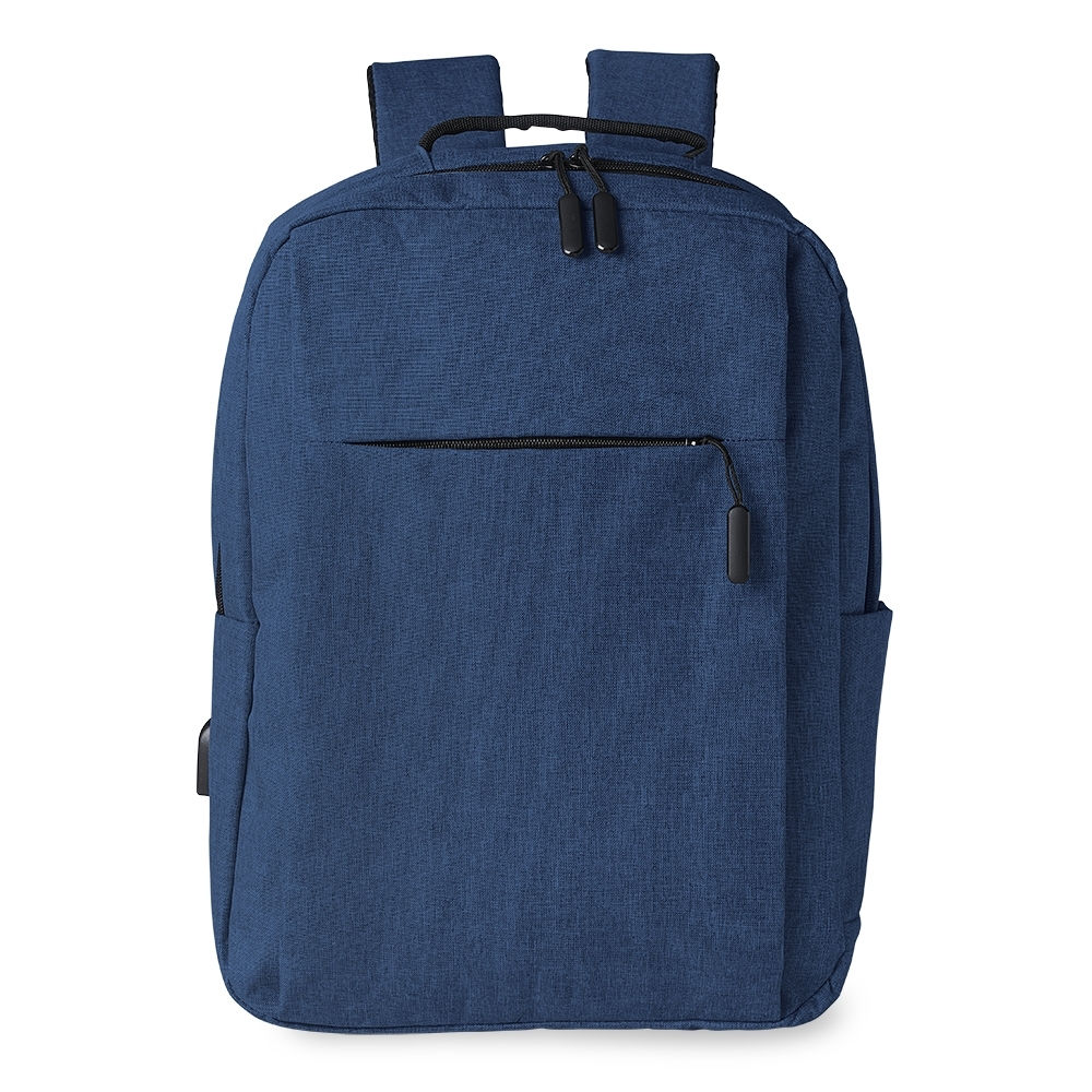 Mochila de nylon 18L com entrada USB, compartimento para notebook, divisórias internas e alça para encaixe em mala.