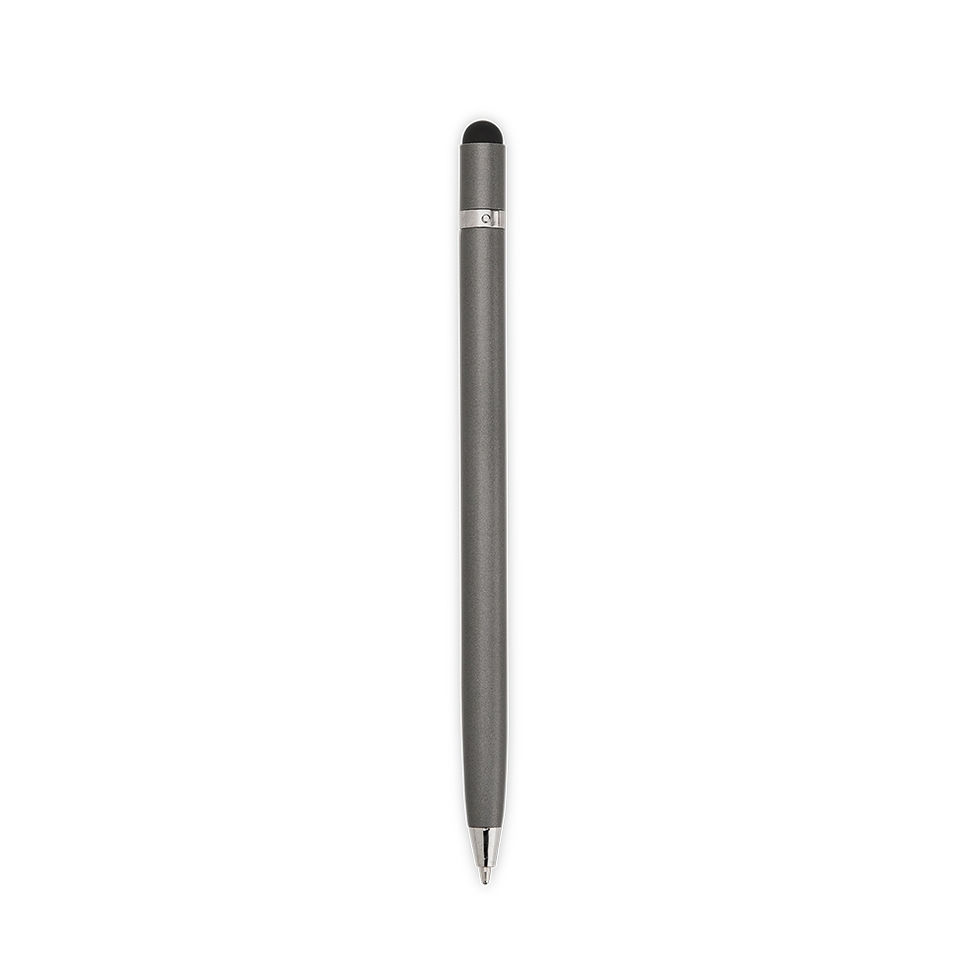 Caneta metálica com acionamento por rotação, ponteira touch emborrachada no topo e carga esferográfica azul 1,0 mm.