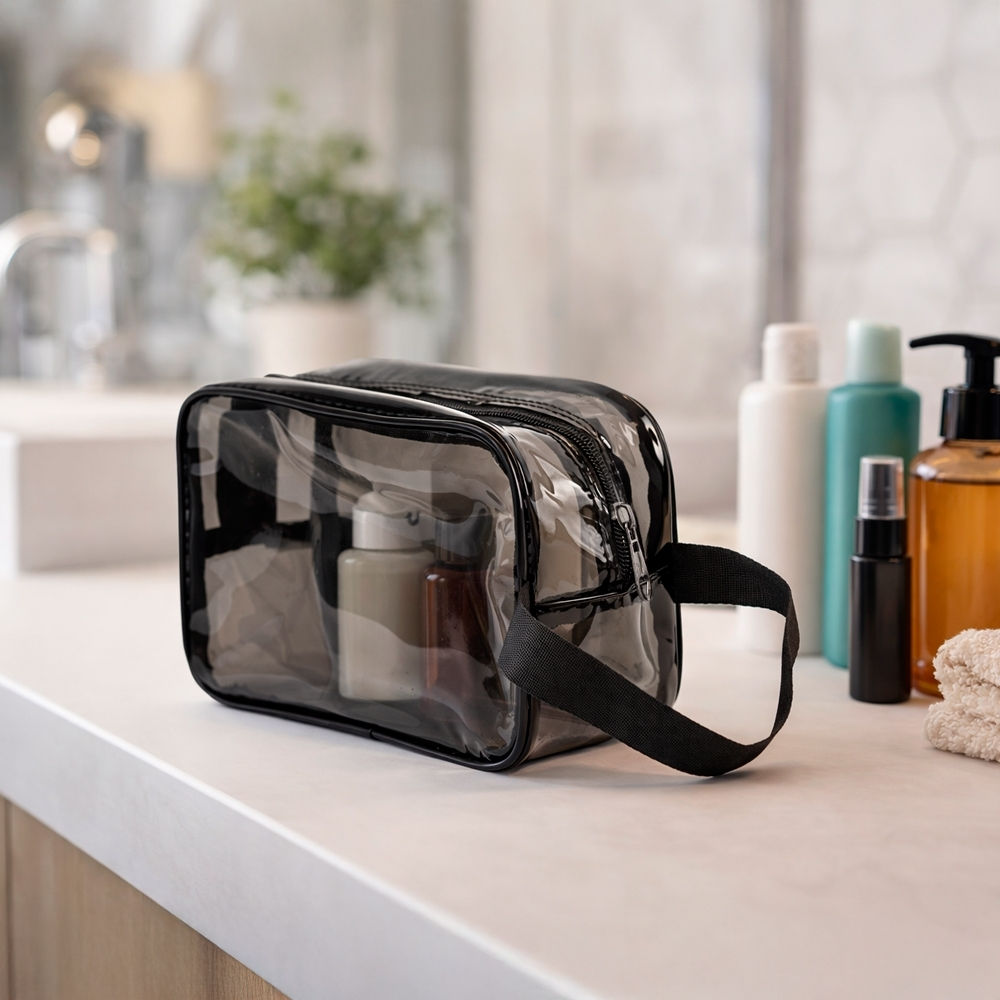 Nécessaire em PVC impermeável com zíper e alça lateral em nylon