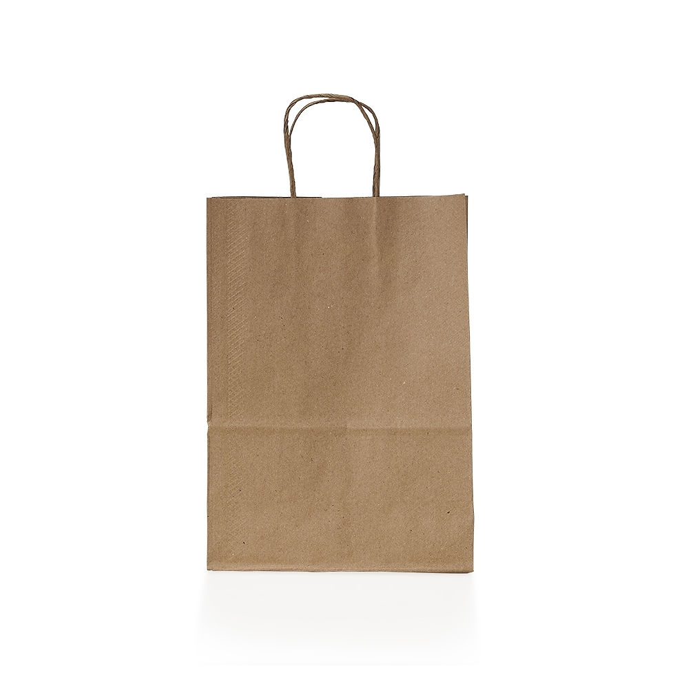 Sacola pequena em papel kraft com alça de papel, ideal para embalar brindes, produtos e materiais promocionais.