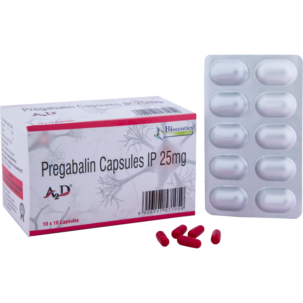 A2D Pregabalin Capsules IP 25mg box and blister pack